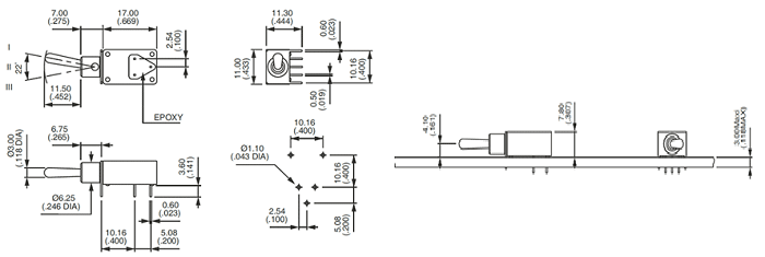 2D model and PCB mounting of 21000N series Toggle Switch 