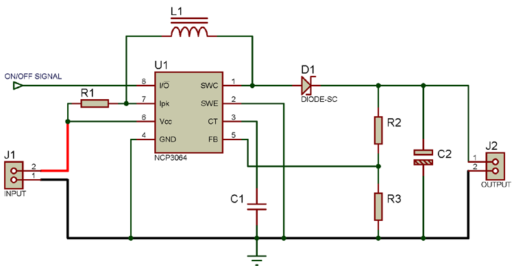Circuit Diagram for Boost Converter Using NCP3064 DC-DC Converter