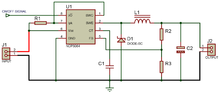 Circuit Diagram For Buck Converter Using NCP3064 DC-DC Converter